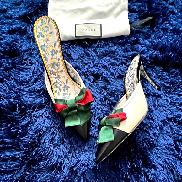 GUCCI Cream and Black Leather Mules with Gucci Wed Bow size 39 (Brand New) - Picture 9 of 16